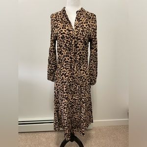 Cheetah Print Drawstring Waist Bubble Cuffed Sleeve Knee Length Dress Size Small